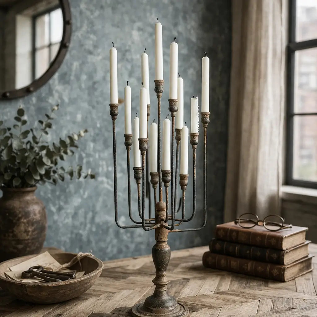Decorative candle holder with candles on a wooden table in a room with a textured wall and window.