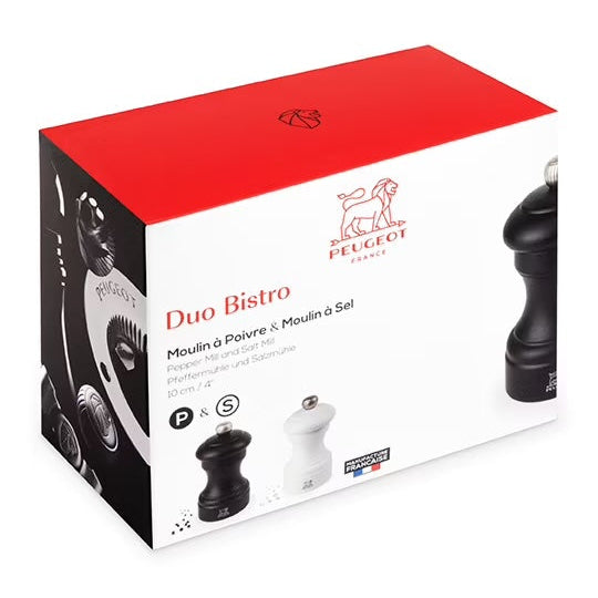 Peugeot Duo Bistro salt and pepper mill set packaging on a white background