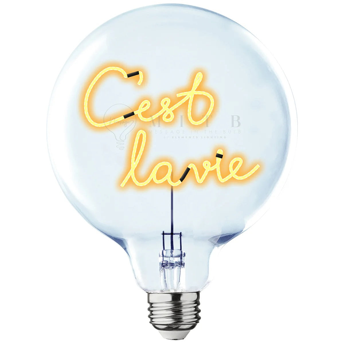 Neon light bulb with 'C est la vie' text on a white background