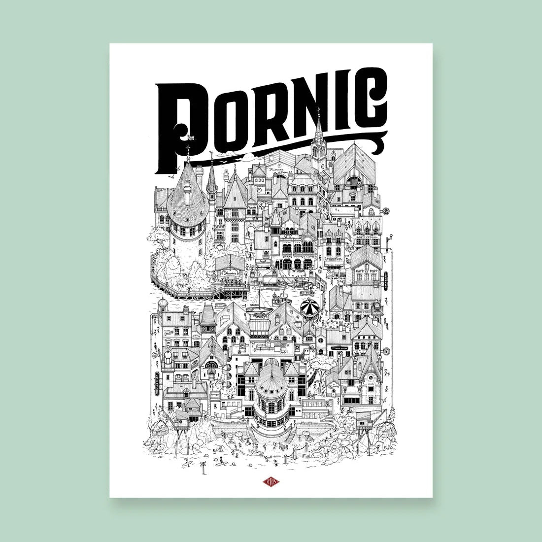 Poster with black and white illustration of a cityscape and the word 'Pornic' on a light green background