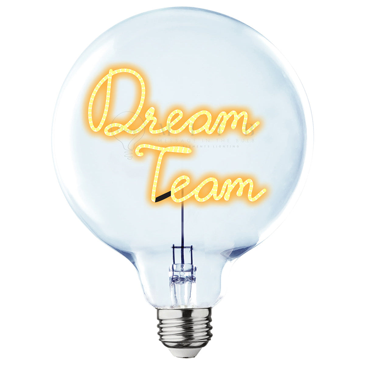 Neon light bulb with 'Dream Team' text on a white background