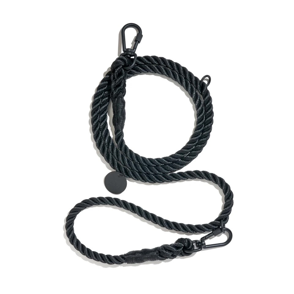 Matte Black/ Black Rope Dog Leash, Adjustable.