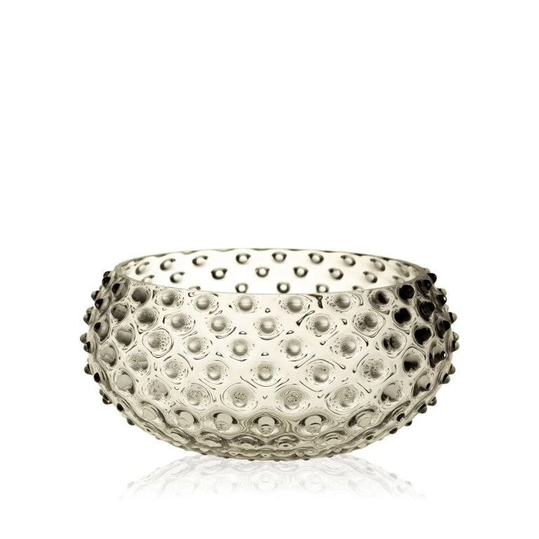Decorative black smoke ombre glass bowl with a textured surface on a white background