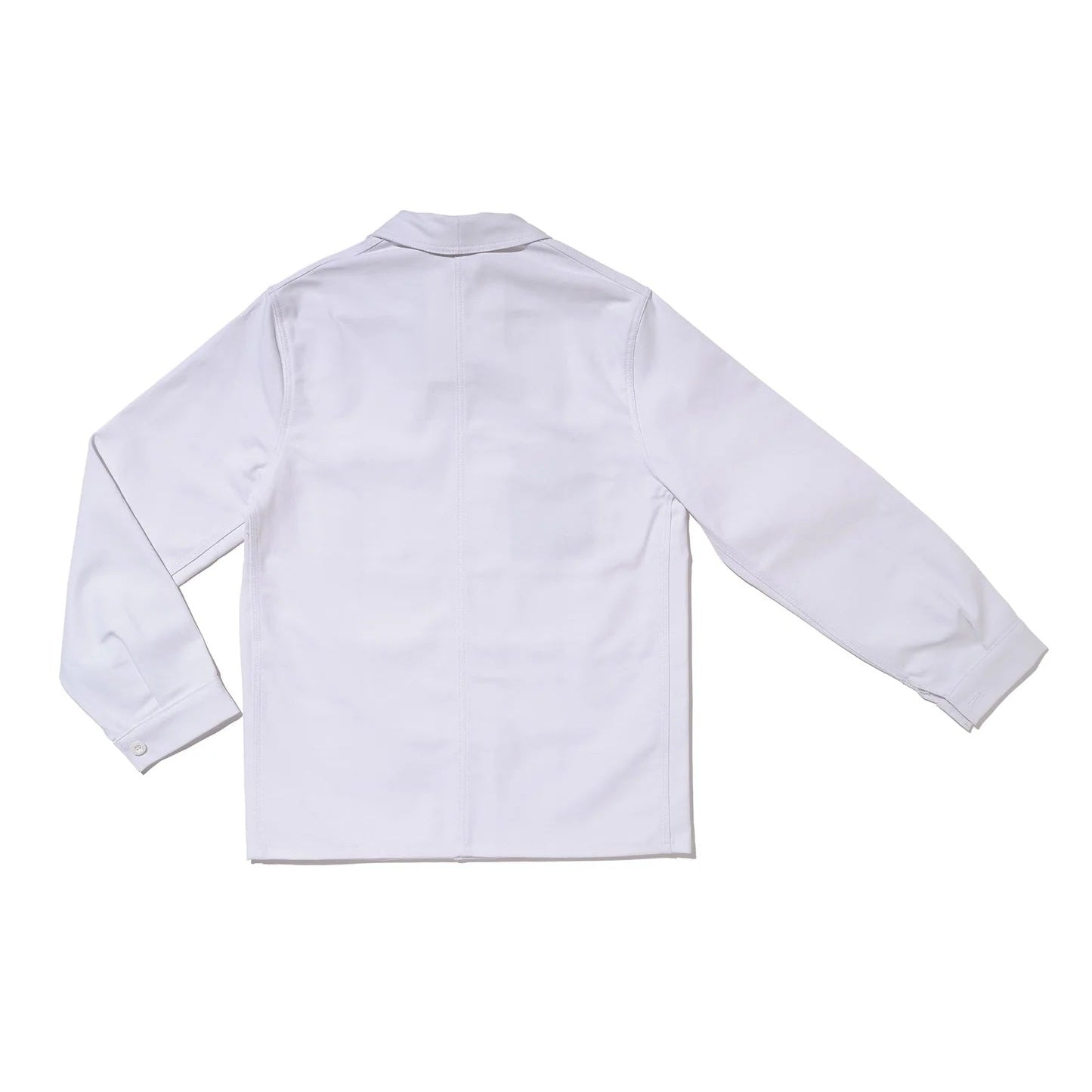 A white long-sleeve button-up shirt shown from the back, laid flat on a clean white background.