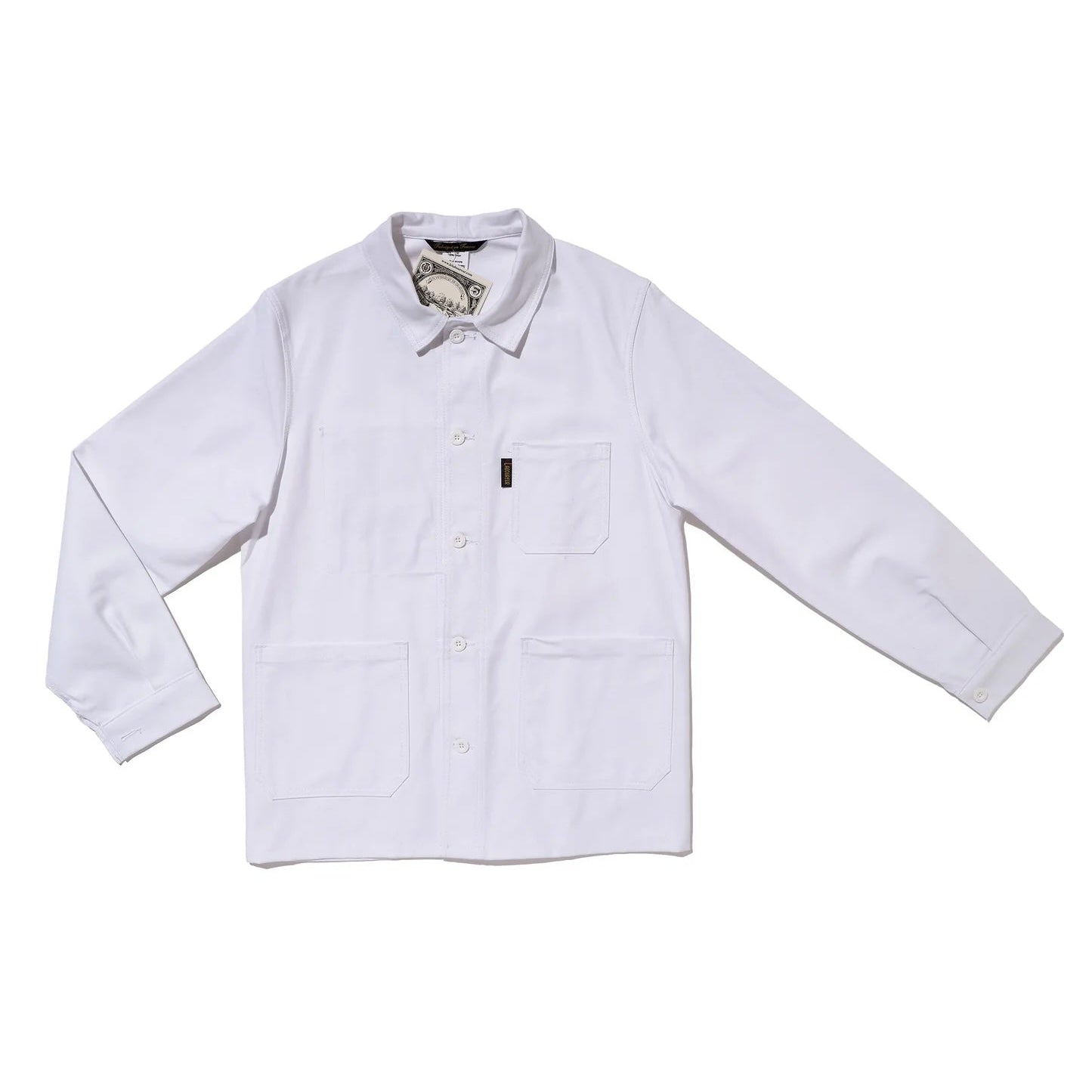 A white long-sleeve button-up shirt with a chest pocket and two lower front pockets, laid flat against a white background.