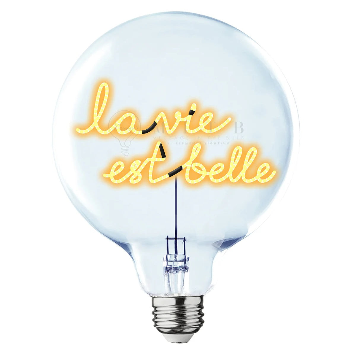 Light bulb with 'La Vie est belle' text in yellow on a white background