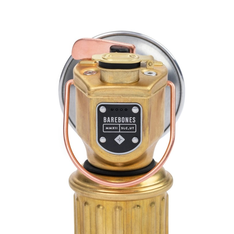 Brass valve with copper tubing and 'Barebones' branding on a white background