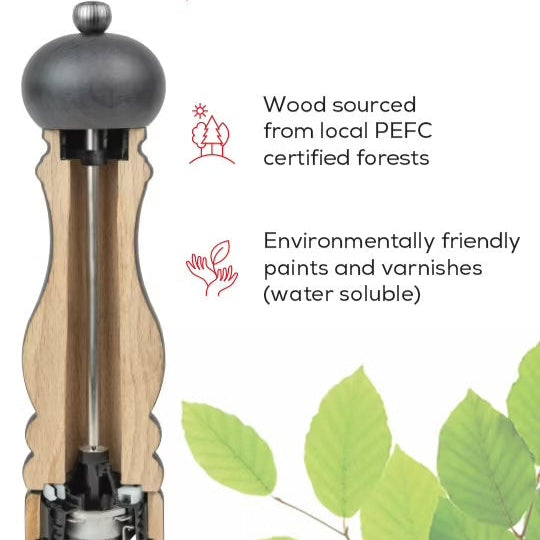 Wooden pepper grinder with sustainability features on a white background