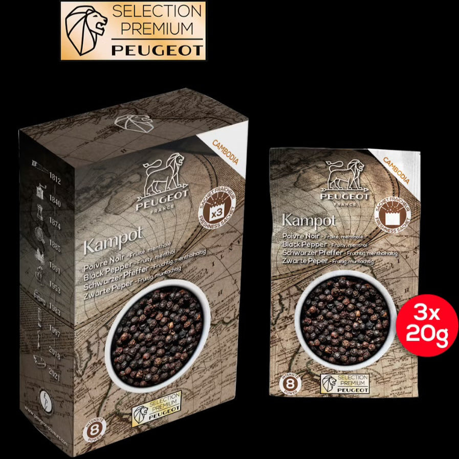 Peugeot Kampot black pepper packaging with branding on a black background