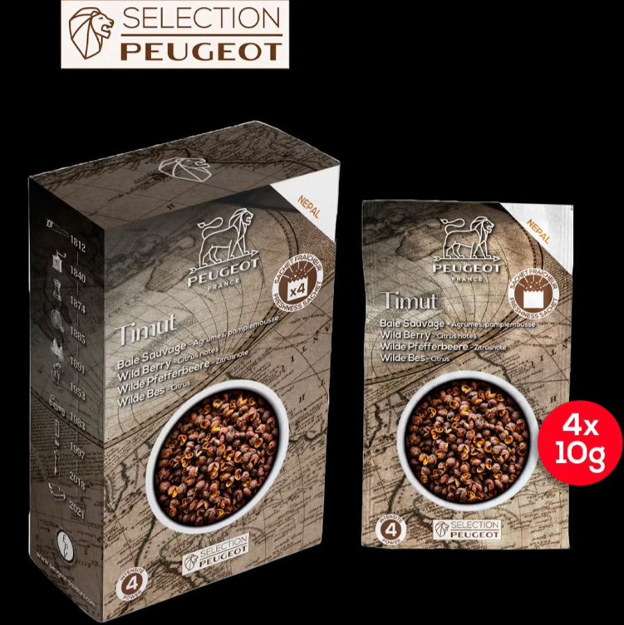 Peugeot timut Pepper packaging with a black background