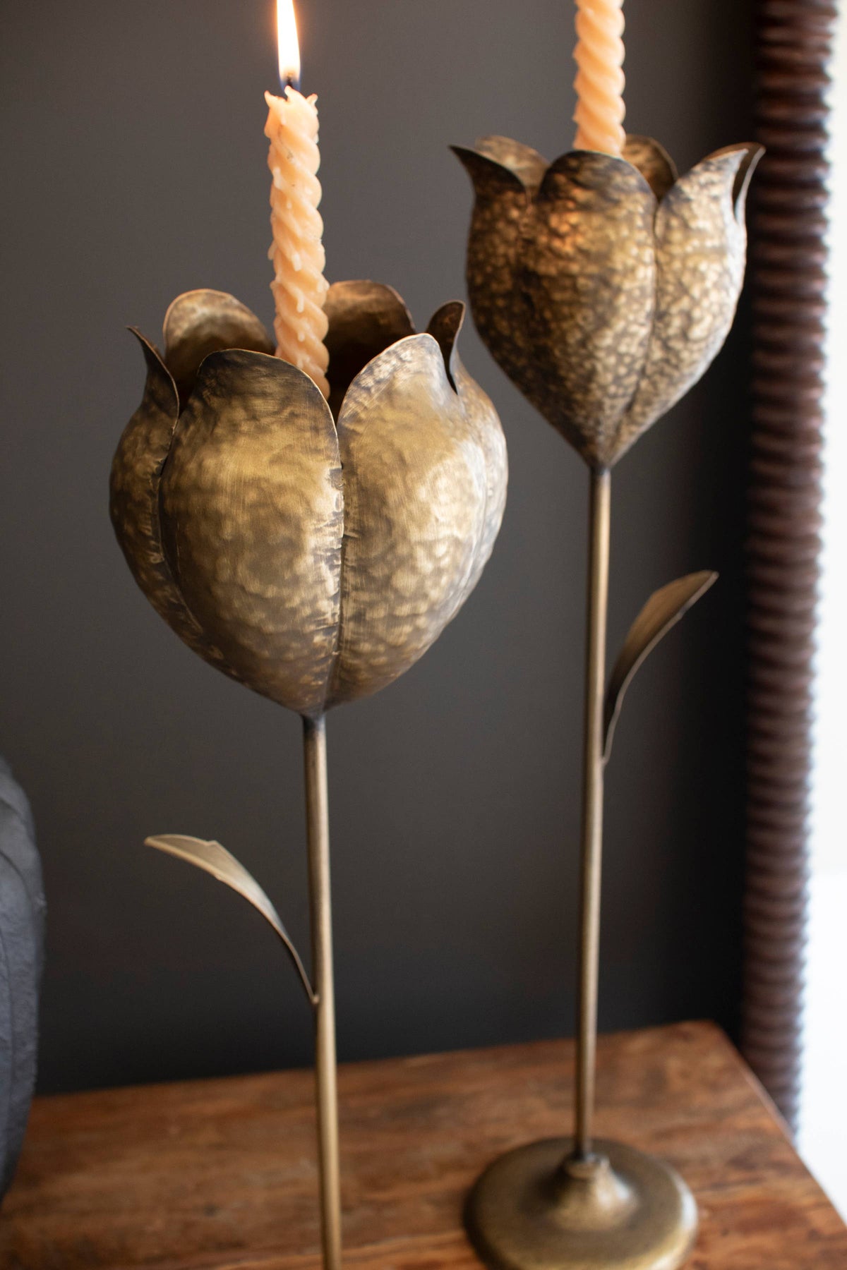 Set of Two Antique Brass Tulip Taper Candle Holders – Kalalou