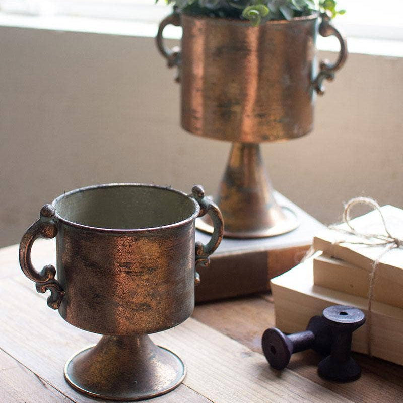 Set of Two Antique Copper Finish Planters with Handles – Kalalou