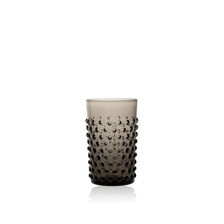 Smoky glass vase with textured surface on a white background