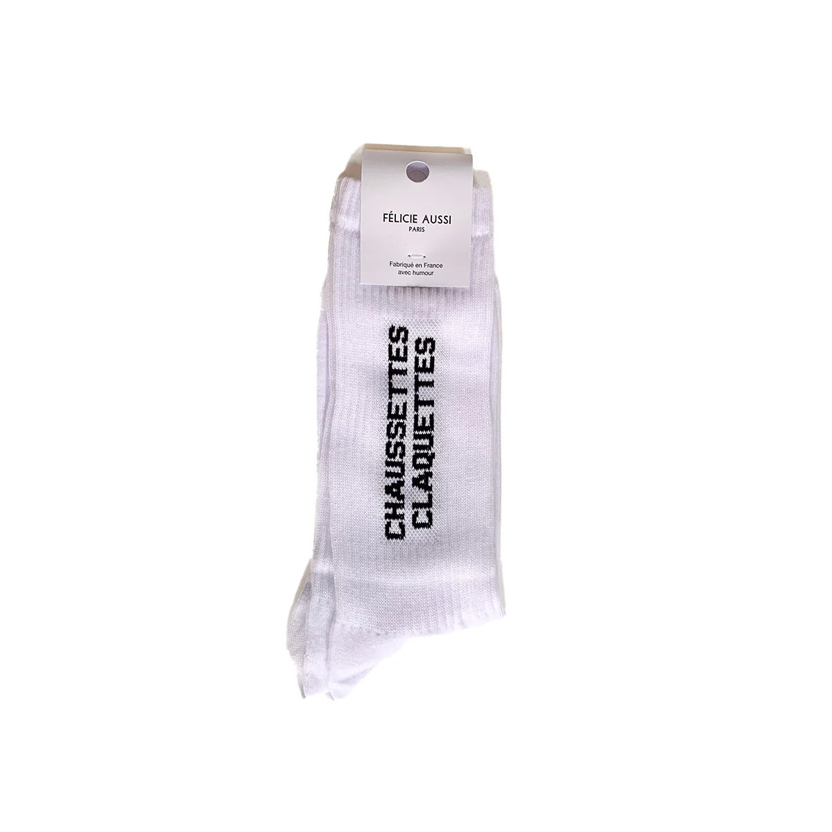 White sock with black text on a white background
