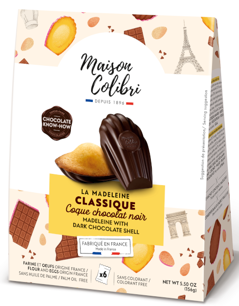 Maison Colibri box of classic madeleines with a dark chocolate shell, golden cake set in a glossy scalloped coating – Maison Colibri