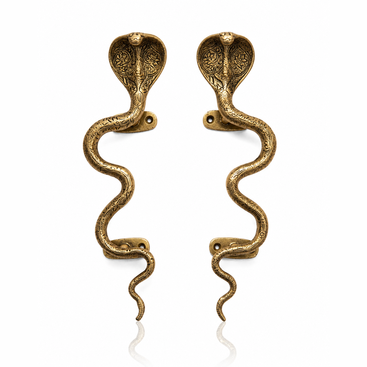 Pair of engraved antique-gold brass cobra handles, left and right facing, on white – Spitfire Girl
