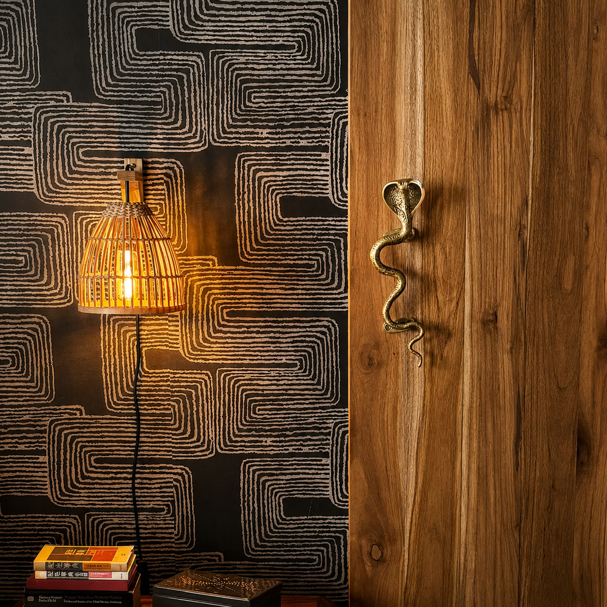 Single brass cobra handle on a walnut door beside a rattan wall lamp – Spitfire Girl