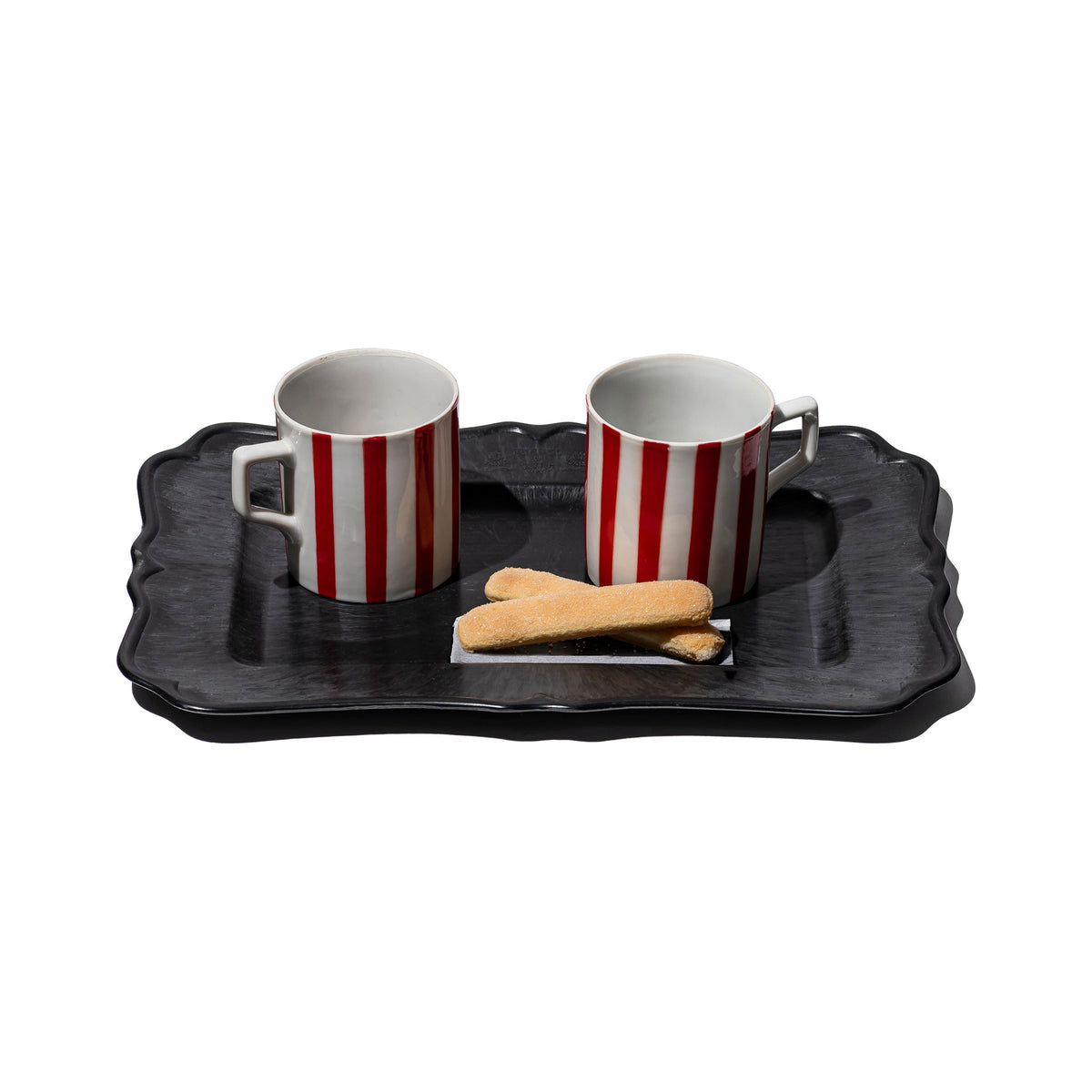Small black marbled recycled tray with scalloped rim, holding two striped mugs and biscuits – Puebco