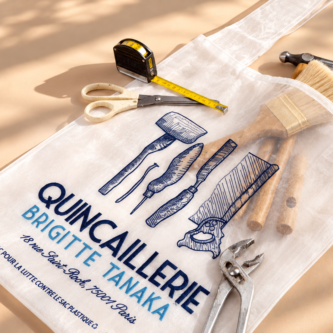 Quincaillerie organza bag laid flat with a tape measure, hammer and brush – Brigitte Tanaka