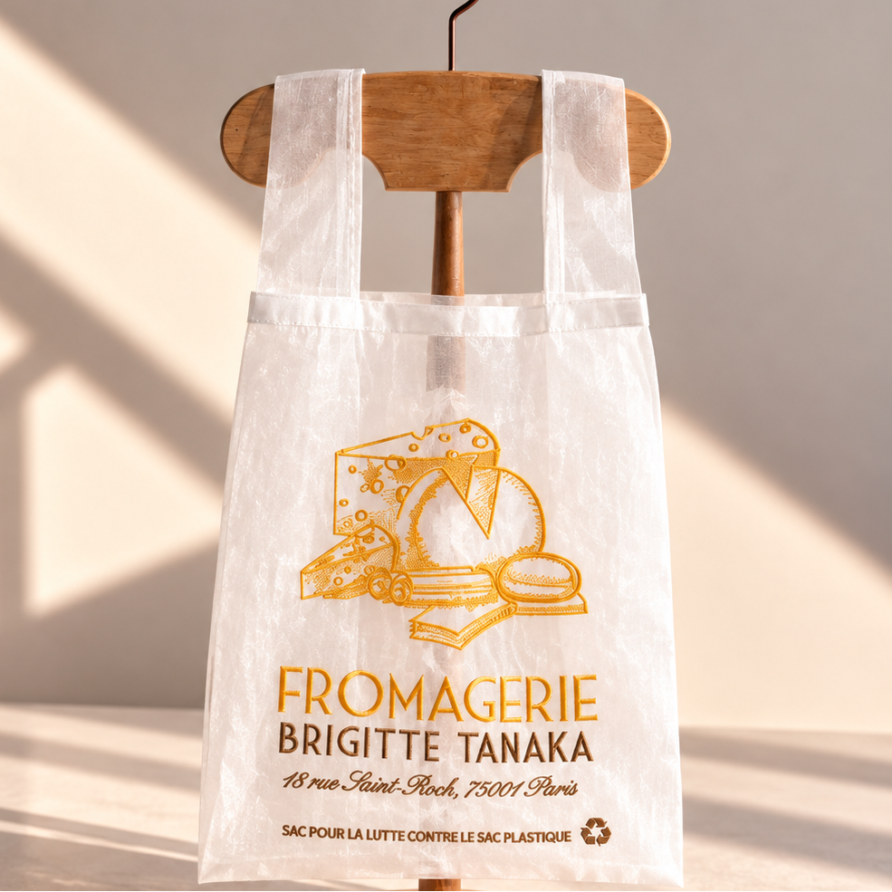 Small organza bag embroidered with yellow cheeses and Fromagerie lettering – Brigitte Tanaka