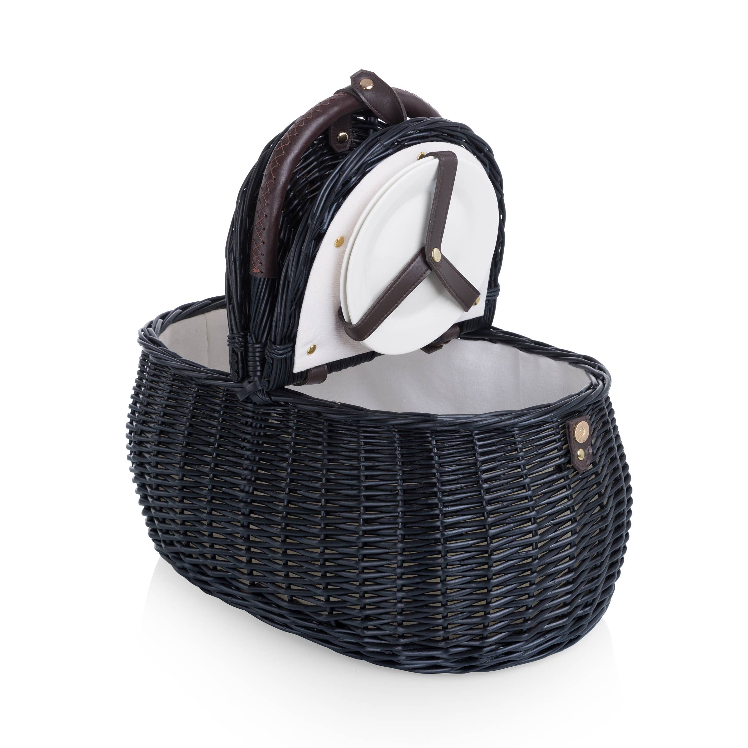 Evening Picnic Basket with Service for Two, open with porcelain plates stored in the lid - Picnic Time