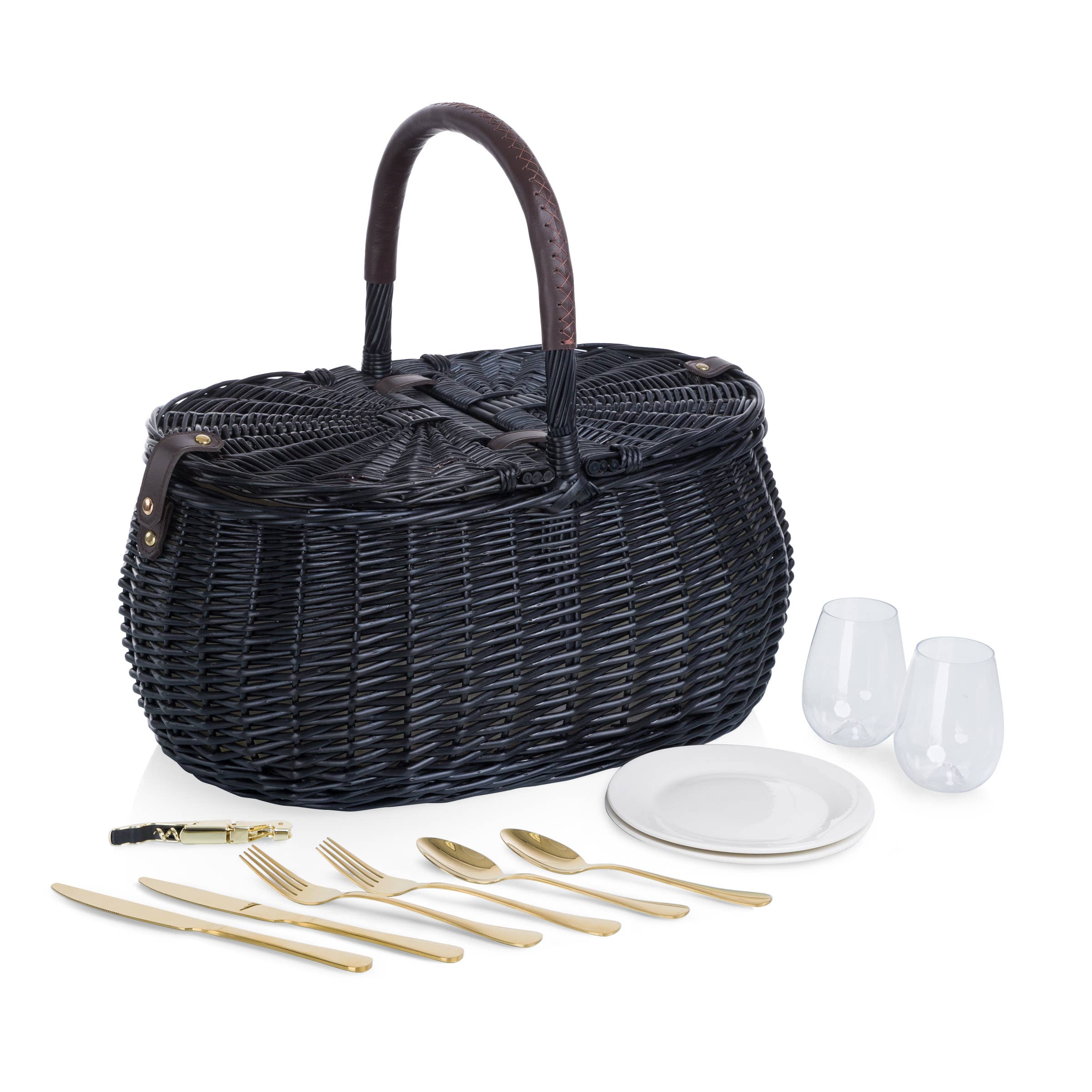 Evening Picnic Basket with Service for Two, with gold-plated cutlery and stemless glasses laid out - Picnic Time