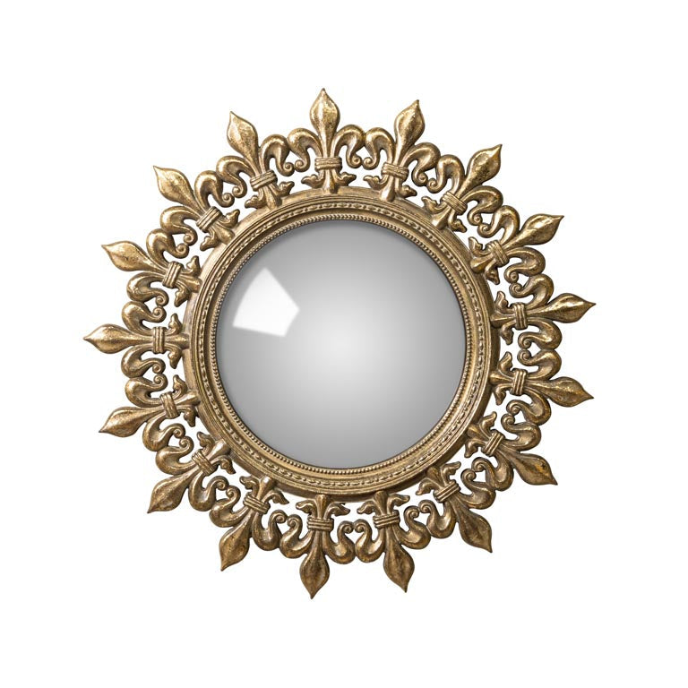 Decorative gold mirror with intricate leaf patterns on a white background