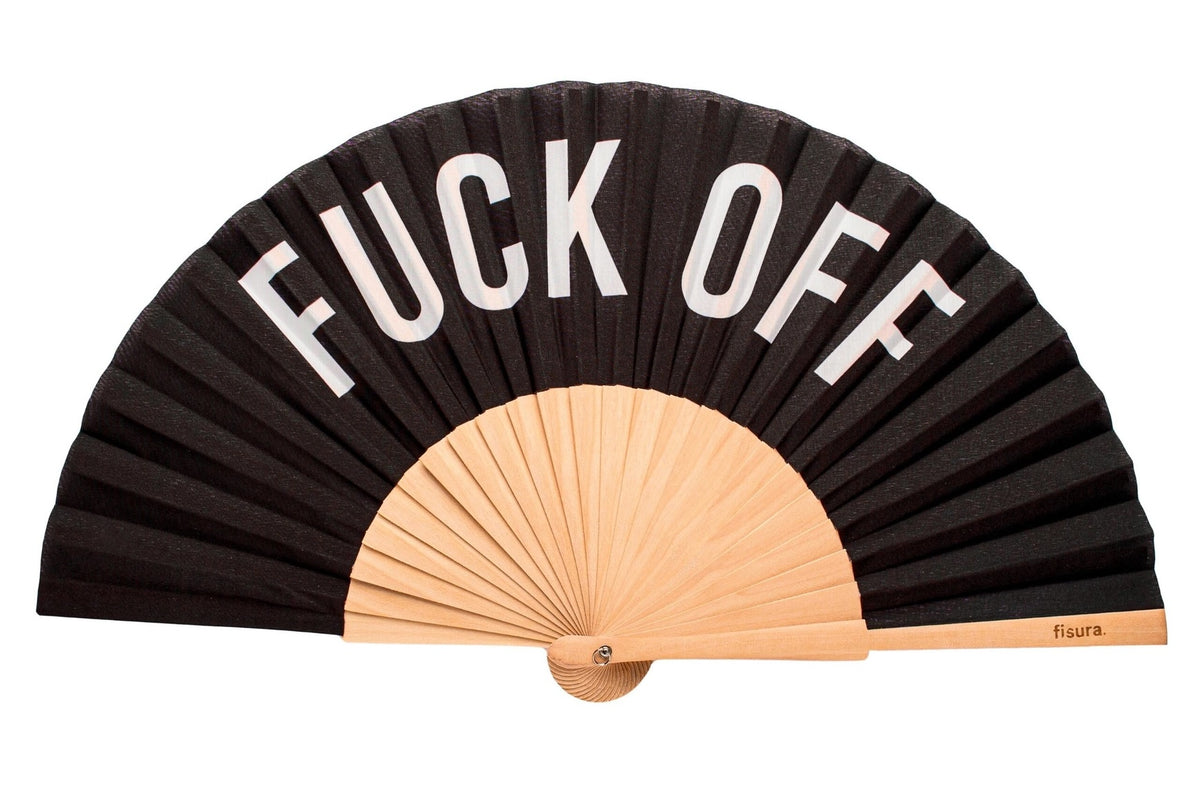 Black hand fan with 'FUCK OFF' text on a white background
