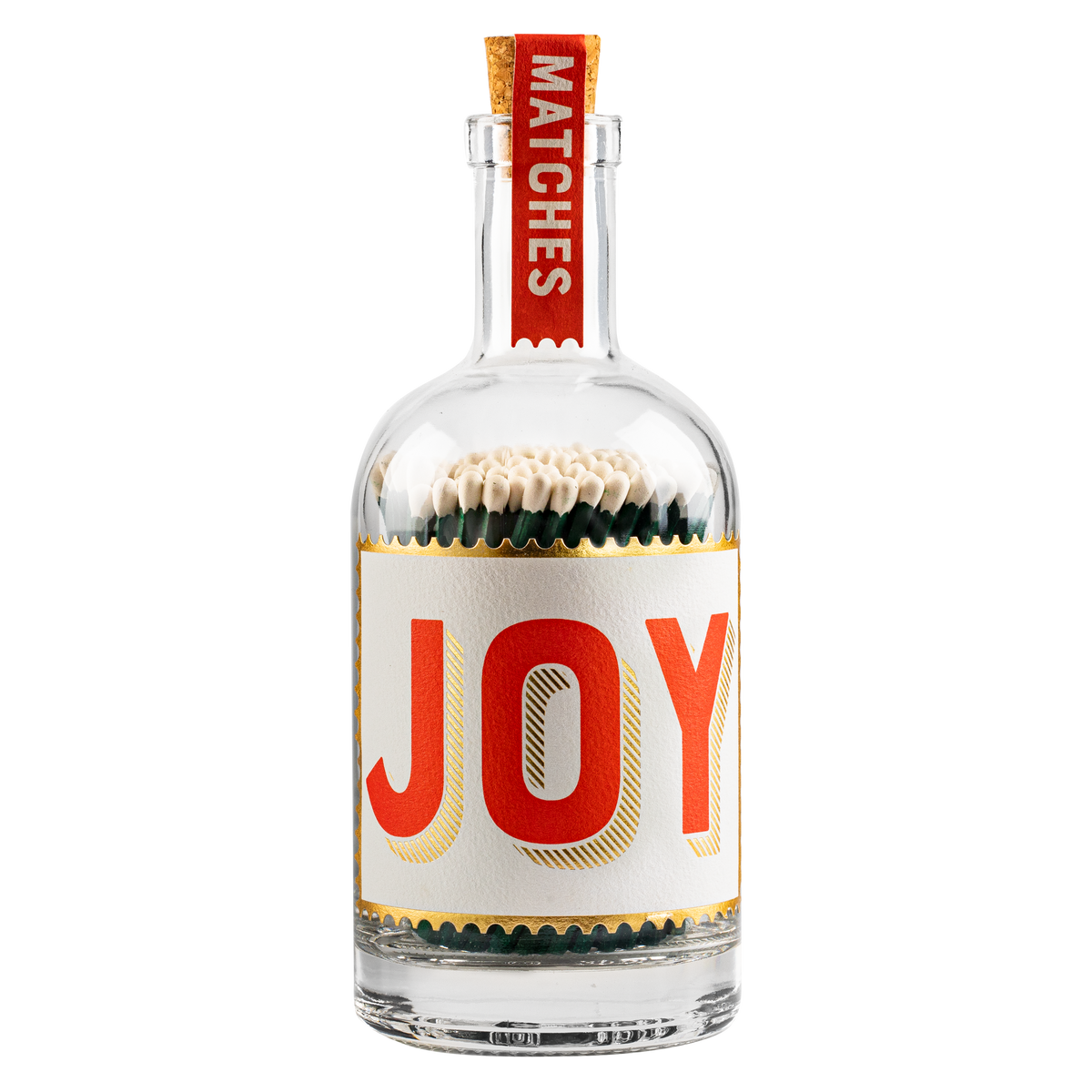 Glass match bottle with a bold red JOY label and gold foil shadow – Archivist Gallery