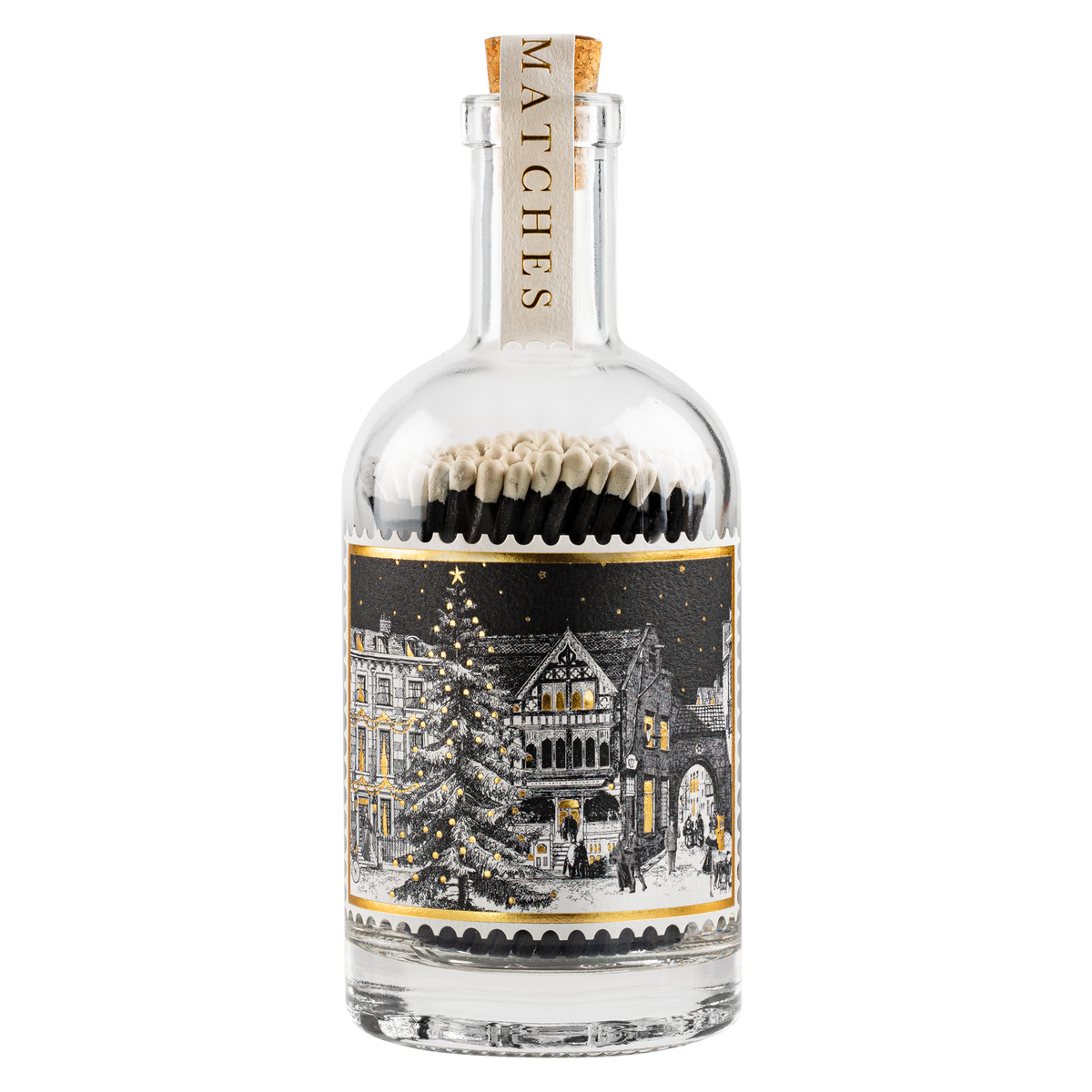 Glass match bottle with a snowy village night scene and gold foil stars on the label – Archivist Gallery