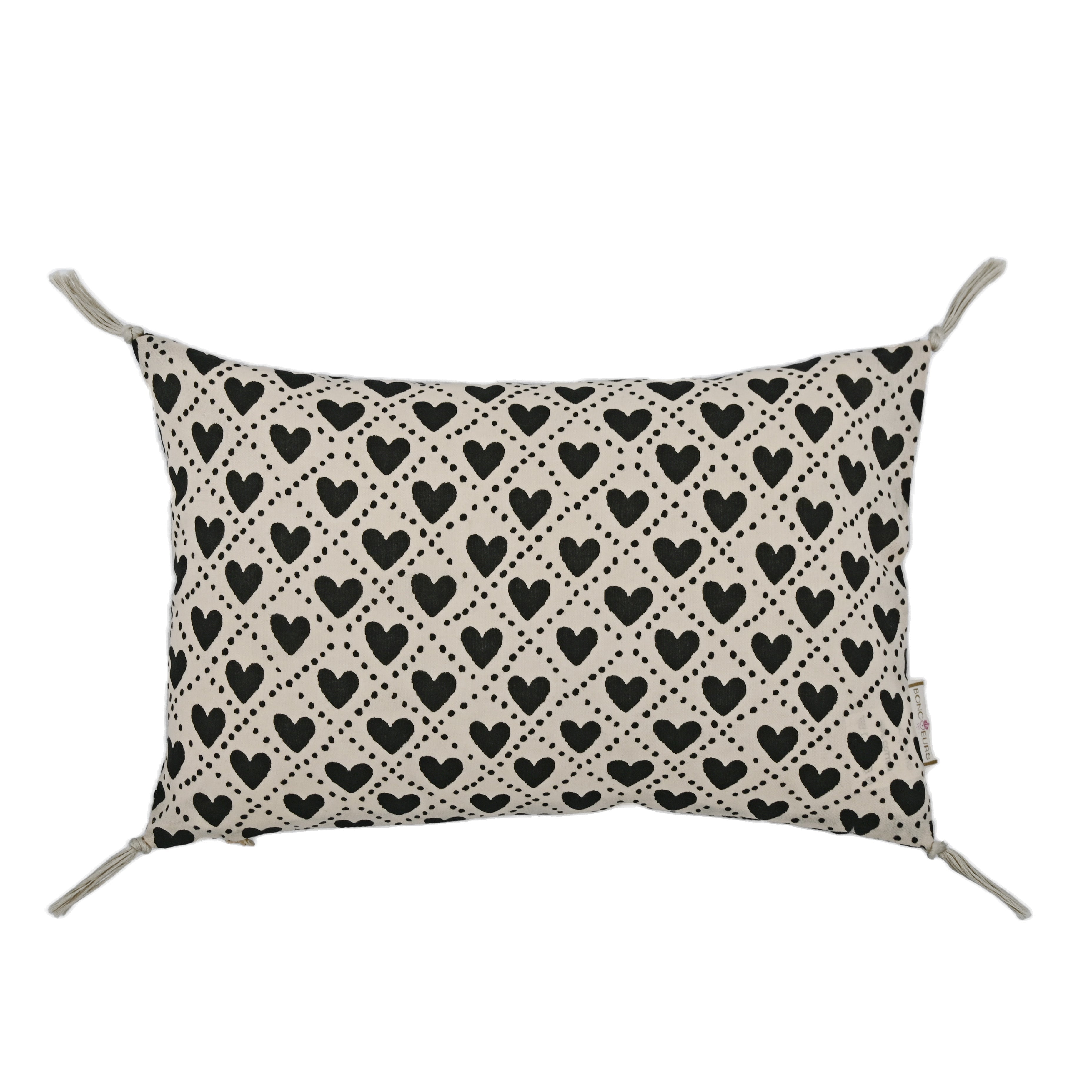 Rectangular cushion with black heart pattern on a white background