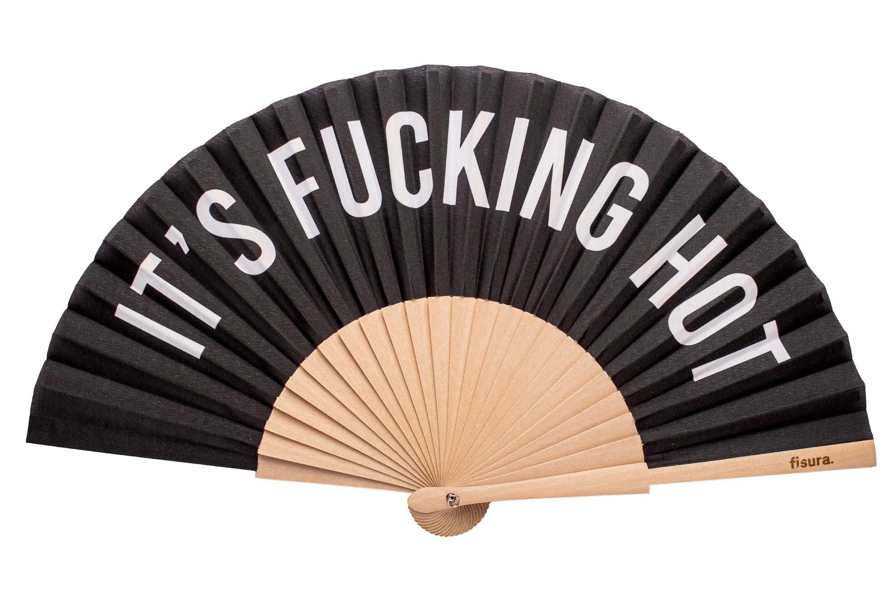 Black hand fan with 'IT'S FUCKING HOT' text on a white background