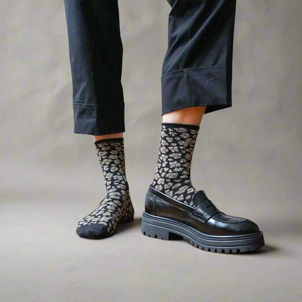 Black leopard lurex socks worn with chunky black loafers – KLUE