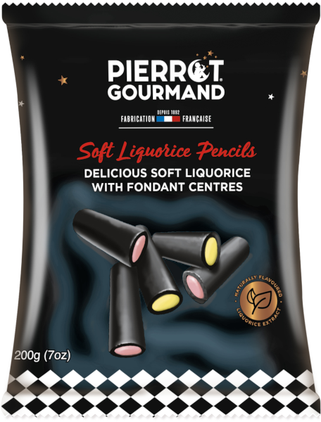 Black Pierrot Gourmand bag of Soft Licorice Pencils, showing licorice batons with pink and yellow fondant centers