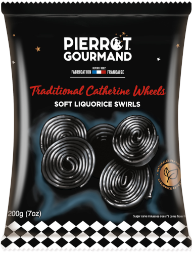 Pierrot Gourmand Catherine Wheels bag, traditional black licorice coiled into soft spiral swirls