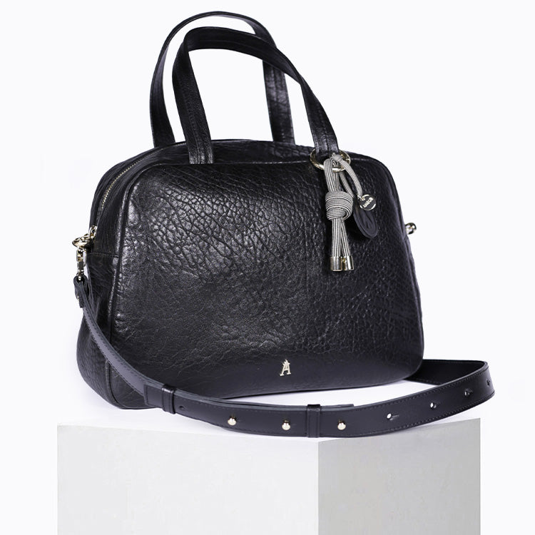Black bubble leather Made bag shown from the front – Craie Studio