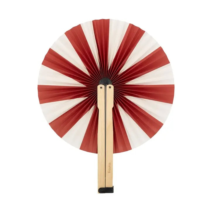 A traditional folding hand fan with alternating red and off-white paper ribs, featuring a light natural wood handle and a black plastic cap, shown against a plain white background.