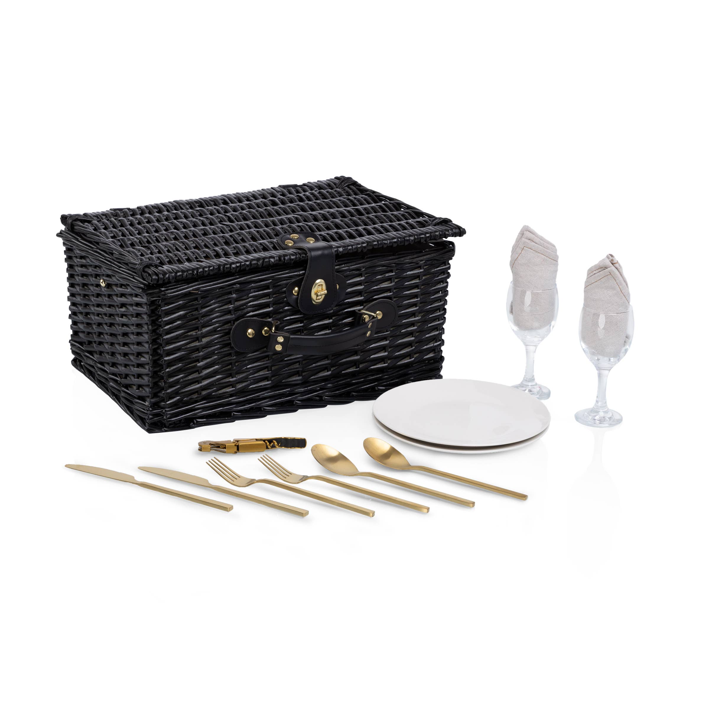 Picnic Basket Set for 2, Black Willow with Beige Accents, closed with service for two laid out - Picnic Time