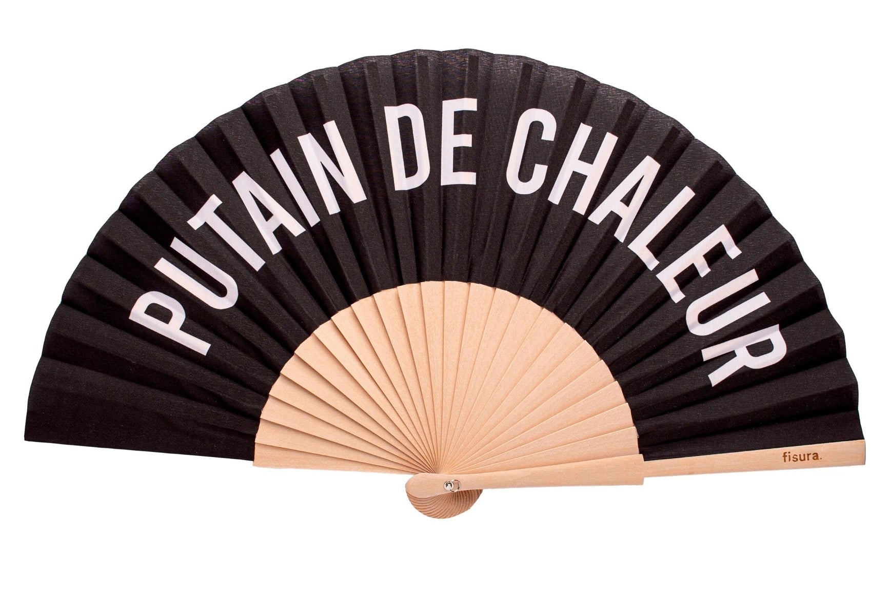 Black hand fan with beige accents and text on a white background