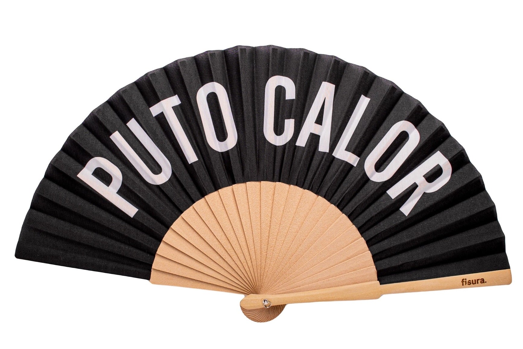 Black hand fan with 'PUTO CALOR' text on a white background