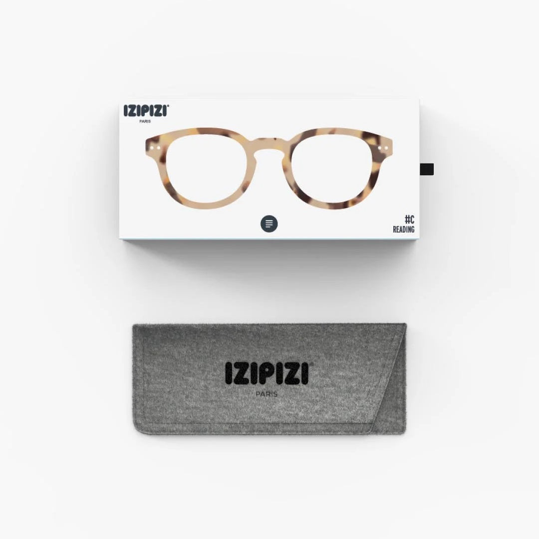 Izipizi eyeglasses with packaging and case on a white background