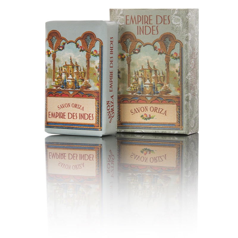 Pale blue soap box illustrated with an Indian palace and gold lettering – Oriza L. Legrand