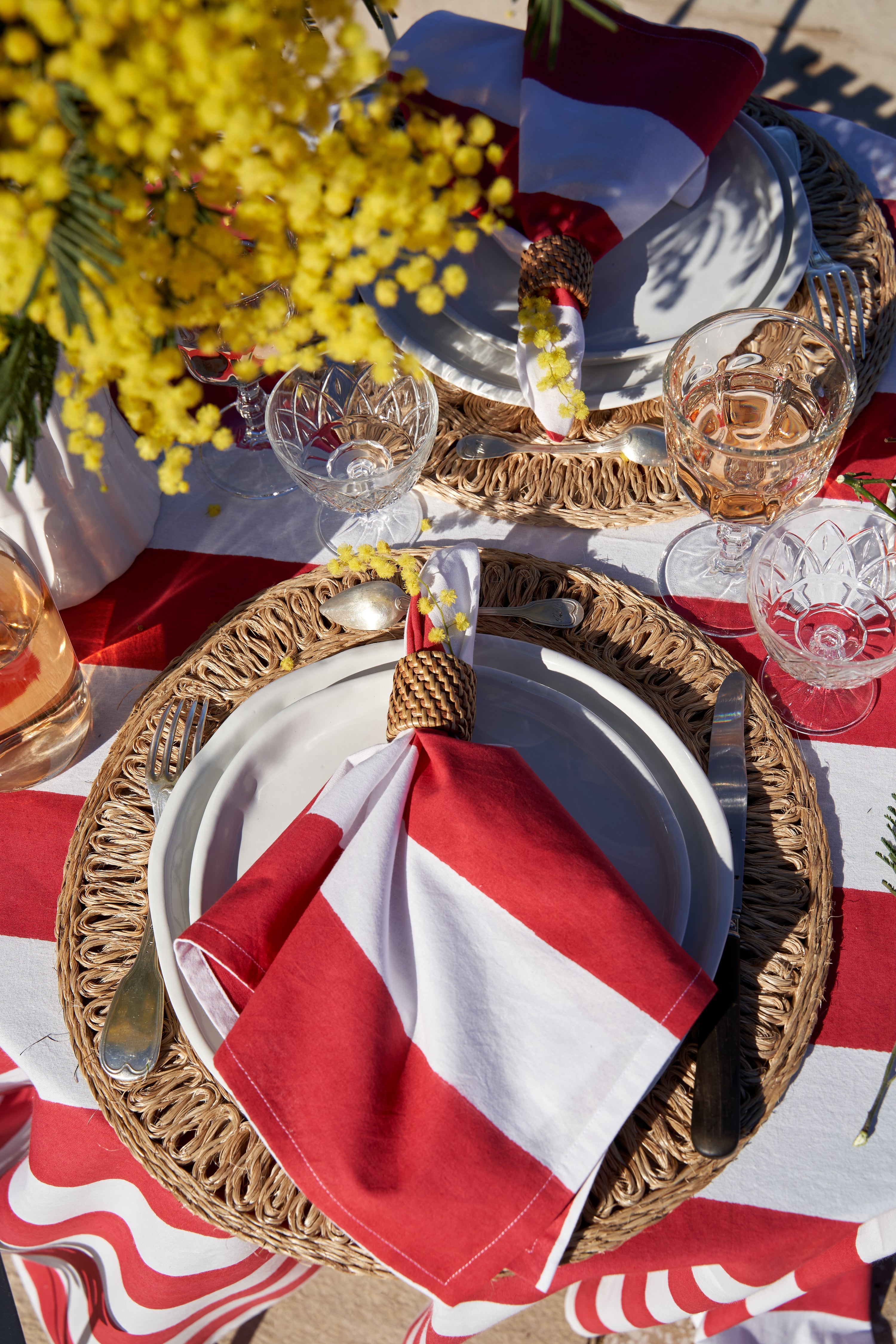 St. Tropez Red Stripes napkins in a place setting – Caravan Home