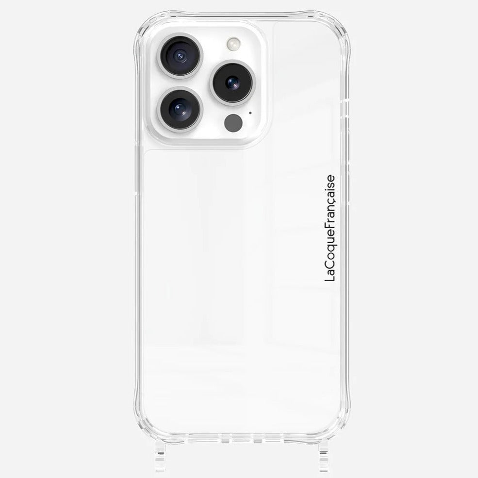 A clear silicone phone case with anti-shock rings and the brand name 'La Coque Française' printed on the back.