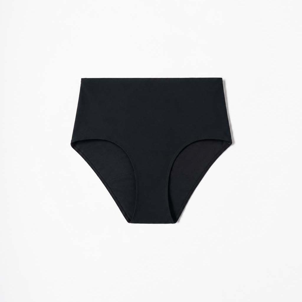 Detail of the black high-waist bikini's soft second-skin stretch fabric – Blanche Edit