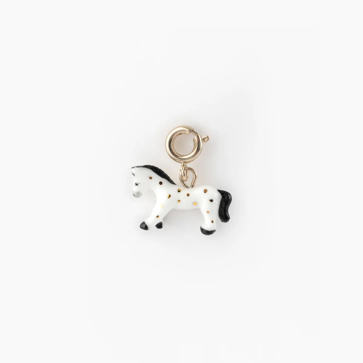 A small white horse charm with black spots, a black mane and tail, and a gold-tone ring clasp, shown on a plain white background.