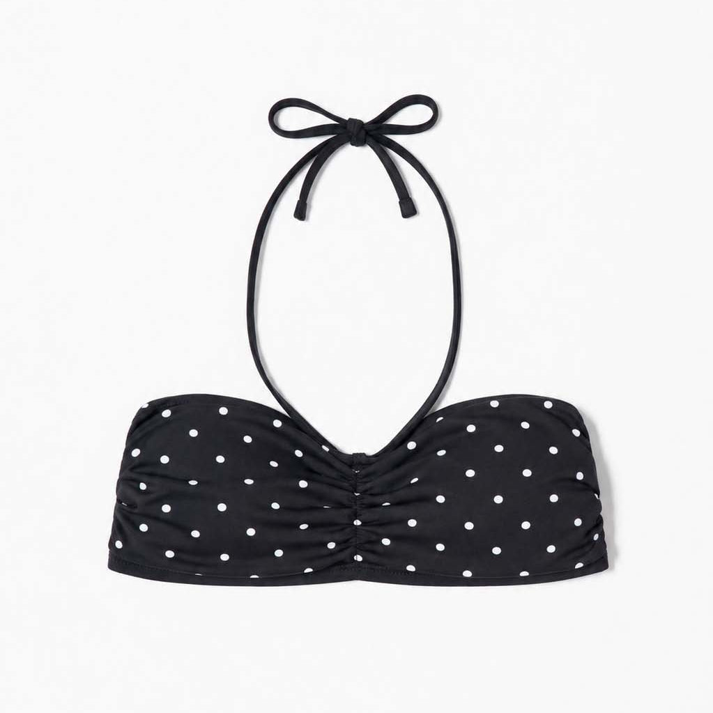 Close-up of the mini-dot print on the bandeau swim top – Blanche Edit