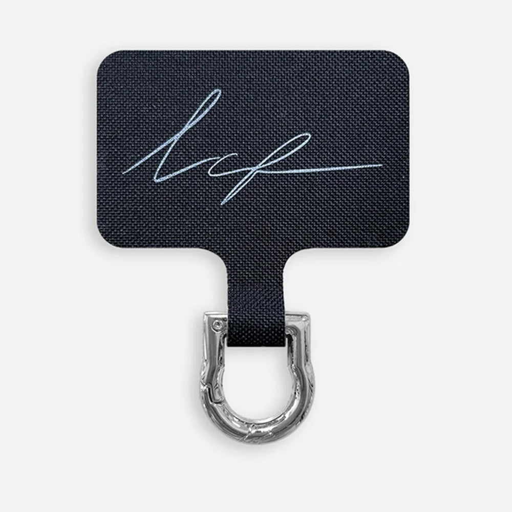 adapter for phone strap made of a black tag and a silver carabiner