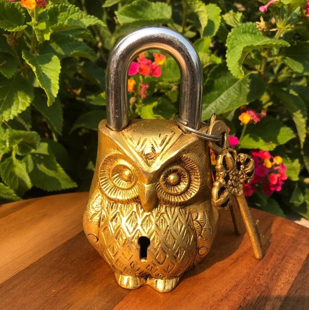 Gold owl-shaped padlock with key on a wooden surface with flowers in the background