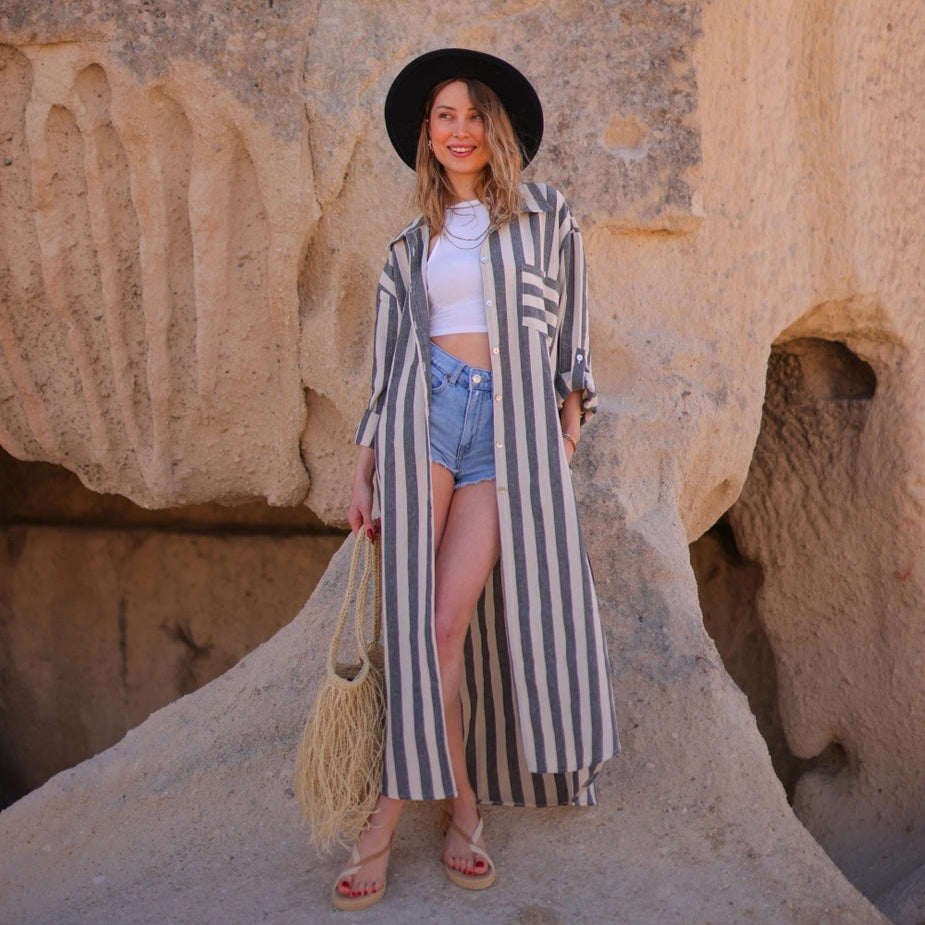 Anthracite Striped Long Linen Shirt Dress